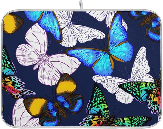 Absorbent Dish Drying Mat for Kitchen Counter - Blue Butterfly Microfiber Drying Pad, Reversible Drainer Mats for Countertop, Large 18" x 24"