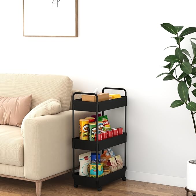 3-Tier Storage Cart，Shelf Organizer Mobile Shelving ，Utility Rolling Cart，Multifunction Movable Storage Organizer with Lockable Wheels,Black-NeatNest