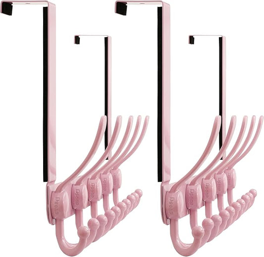 Dseap Over Door Hook 2.0 - Upgraded Version - Simple-Assembly, Strong, Heavy-Duty Stainless Steel 5-Tri-Hook Over The Door Hanger Rack, SimpleStrong Series, Pink, Pack of 2