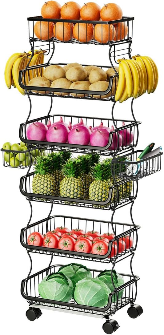 Simple Trending 6 Tier Rolling Cart, Stackable Fruit Vegetable Basket with Wheels and 2 Hanging Basket, Kitchen Storage Metal Wire Basket Stand for Vegetable Bread Snacks, Black
