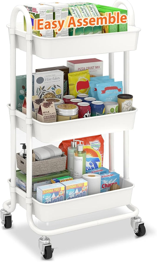 Sekey 3 Tier Rolling Cart Plastic, Easy Install Utility Cart on Wheels, Heavy Duty Storage Cart with Lockable Wheels for Baby Nursery, Bathroom, Kitchen, Laundry Room, White