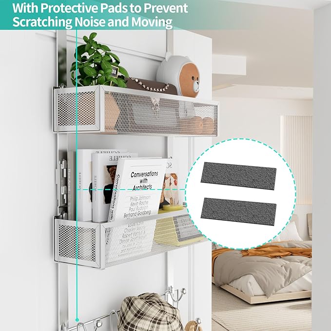 HapiRm Over The Door Hanger with Coat Hooks and 2 Baskets, Rustproof & Waterproof Over The Door Hooks, Storage Organizer for Hats, Bathroom, Kitchen, Bedroom-Silver (for 1.76in Doors)