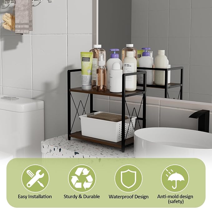 Aduanbang Coffee Bar Accessories Organizer, Seasoning Organizer, 2 Tier Wooden Kitchen Counter Shelf, Coffee Organizer Station for Countertop, Coffee Condiment Rack for Mugs, Cups, Cream, Syrup-NeatNest