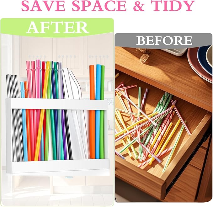 Acrylic Straw Holder Organizer - Cabinet Door Mounted with Adhesive Tape, Reusable Storage for Drinking & Tumbler Straws, Space Saving Kitchen Organization