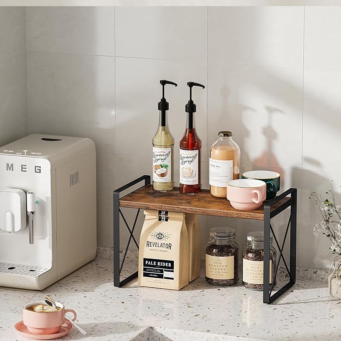 Giikin Countertop Shelf Organizer, Cupboard Stand Spice Rack, Retro Style Cabinet Shelf for Pantry, Kitchen, Bathroom, Reading Room, Bedroom to Save Space (7.8" D x 15.7" W x 9.4" H, Rustic Brown)-NeatNest