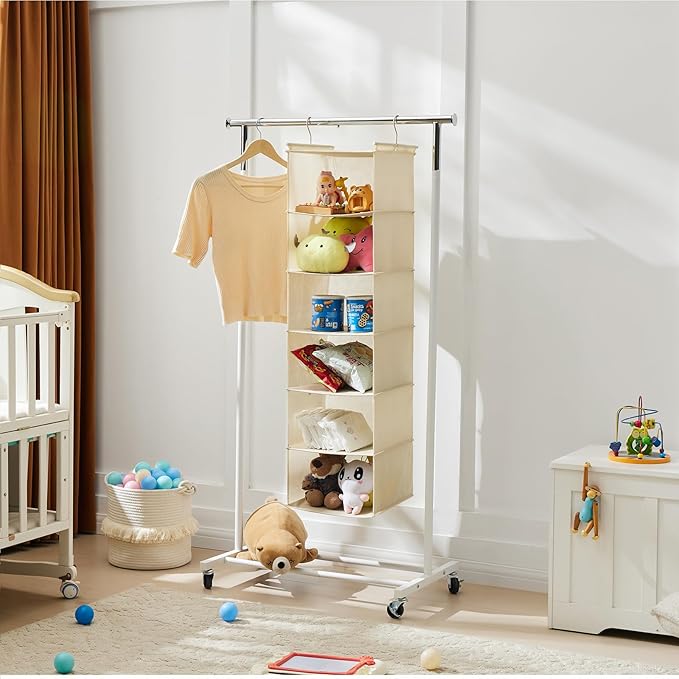 MAX Houser 6 Tier Shelf Hanging Closet Organizer, Cloth Hanging Shelf with 2 Sturdy Hooks for Storage, Foldable (Beige)-NeatNest