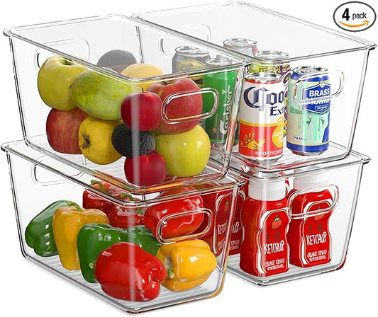 4 Pack Plastic Storage Bins with Lids, Clear Stackable Organizer with Handle, Kitchen Pantry Organizers and Storage, Perfect for Pantry, Refrigerator, Fridge, Bathroom, Cabinet, Closet, Kitchen-NeatNest