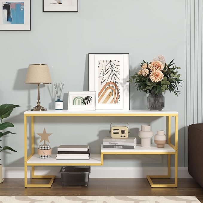 Console Table, 3-Tier Industrial Entryway Table, 53”L Entrance Sofa Table with Shelves, Hallway, Living Room, Foyer, Corridor, Office, White and Gold-NeatNest