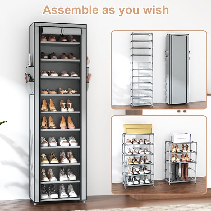 VTRIN Vertical Narrow Shoe Rack Organizer Tall Shoe Rack for Closet Entryway 10 Tier Non-Woven Cover Shoe Shelf Holds 20-22 Pairs Free Standing Shoe Storage Cabinet with Dustproof Cover, Grey-NeatNest
