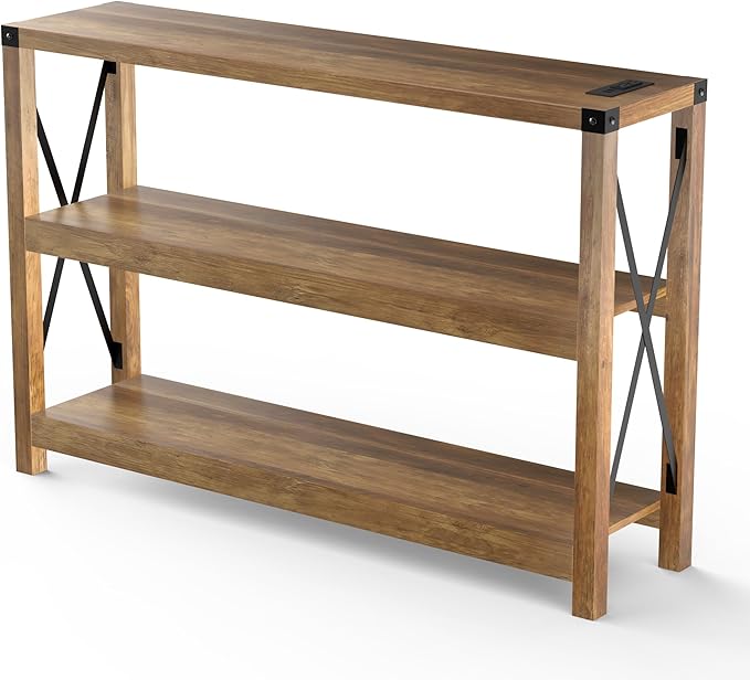 47.2" Entryway Table with Outlets and USB Ports, Console Table with 3-Tier Open Storage Shelves, Wooden Sofa Table with Metal X-Shaped Design for Living Room/Couch/Hallway/Foyer, Rustic Oak-NeatNest