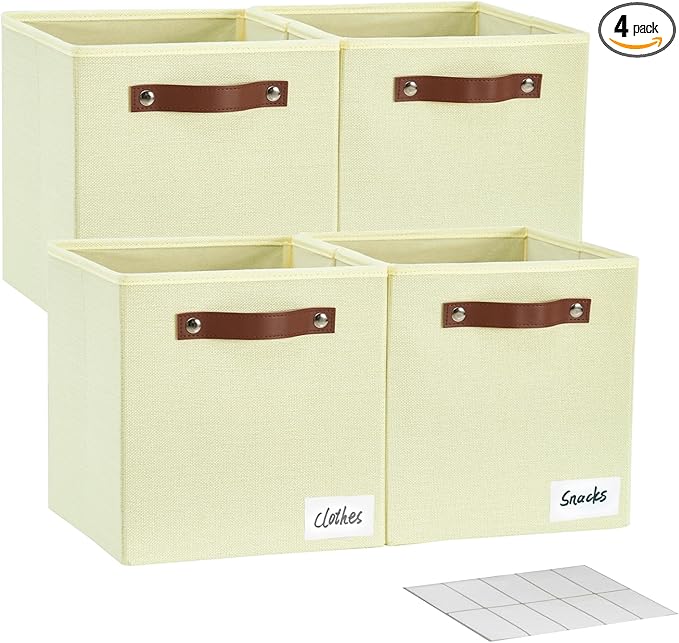 Collapsible Fabric Storage Cube Bins with 2 Reinforced PU Handles, Foldable Storage Organizer Baskets for Closet, Shelves, Living Room | 11"x11"x11", 4 Pack, Full Beige-NeatNest