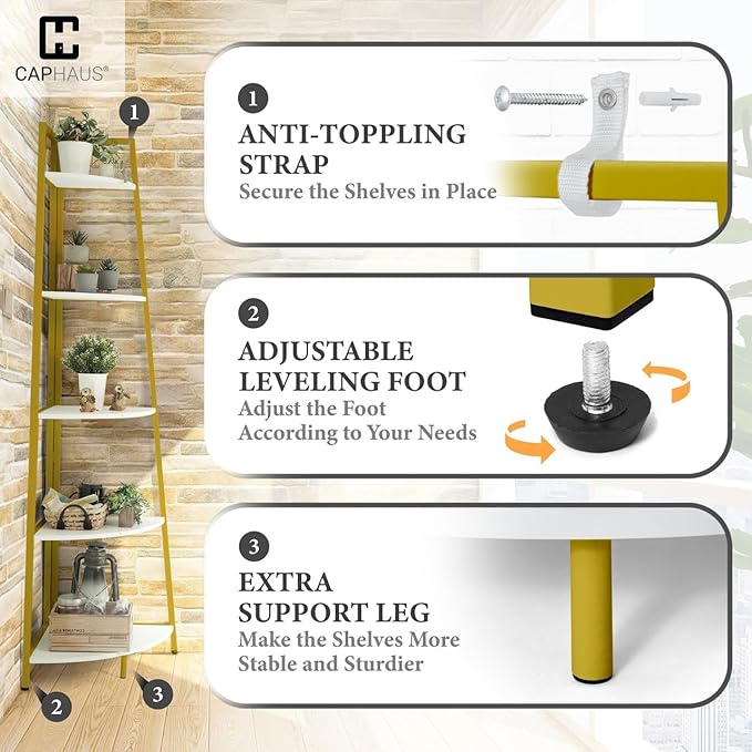 CAPHAUS Tall Corner Shelf Stand, 5-Tier Display Shelves, Ladder Corner Wood Storage Plant Bookshelf with Metal Frame, Versatile Shelving Unit Bookcase for Home Office Space, Gold-NeatNest