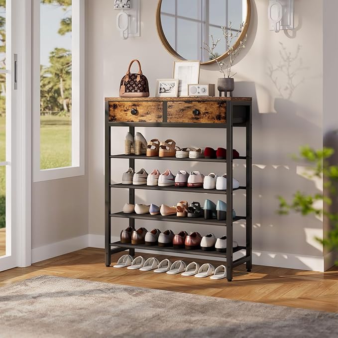 IBUYKE 5 Tier Shoe Rack, Metal Shoe Storage Organizer with 2 Drawers, Shoe Storage Rack for 12-16 Pairs of Shoes, Modern Shoe Stand with Fabric Shelf for Entryway Closet Bedroom, Rustic Brown TXJ040H-NeatNest