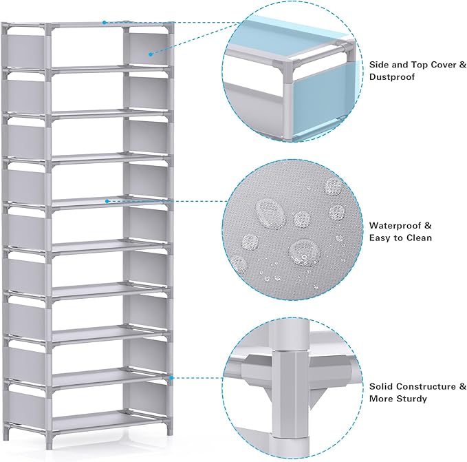 sunvito 10 Tiers Shoe Rack, Tall Vertical Shoe Rack, Sturdy Stackable Shoe Shelf, Shoe Stand Holds 20-25 Pairs Shoes, for Closets, Entryway, Cabinet, Garages, Dormitory, Hallway-NeatNest