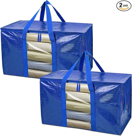 BALEINE 2-Pack Oversized Moving Bags with Reinforced Handles, Heavy-Duty Storage Tote Moving Supplies for Packaging, Camping (Blue w/Window, 2-Pack)-NeatNest