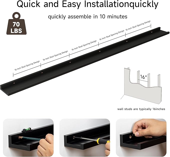 Floating Picture Ledge Shelves for Wall Set of 2, 95 Inches Picture Ledge Shelf with Long Large Nursery Book Shelf for Toys Storage Kids Bookshelf Wall Mounted Living Room Bedroom Decor Frames, Black-NeatNest