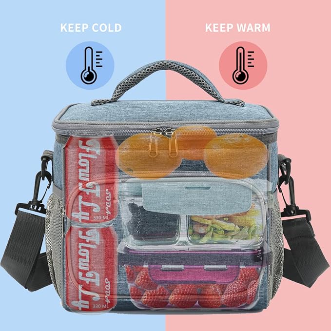 FlowFly Insulated Reusable Lunch Bag Adult Large Lunch Box for Women and Men with Adjustable Shoulder Strap,Front Zipper Pocket and Dual Large Mesh Side Pockets,Navy-NeatNest