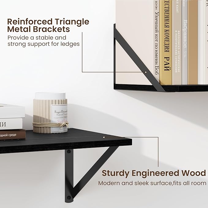 Fun Memories Deep Floating Shelves for Wall, 48W x 8D Wall Mounted Shelves Set of 2, Wide Display Ledge Shelf with Sturdy Metal Brackets for Living Room, Bathroom, Bedroom and Kitchen, Black-NeatNest