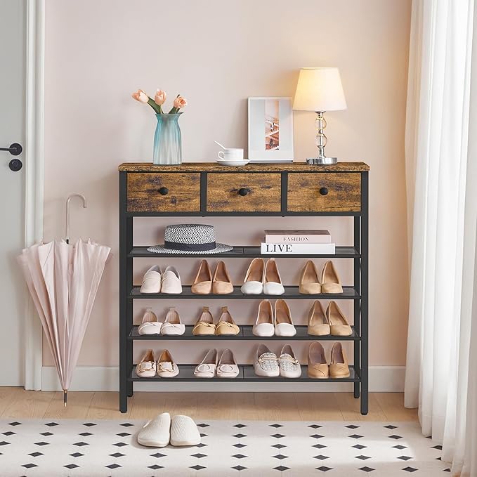 5-Tier Shoe Rack with 3 Drawers, Metal Shoe Organizer for 20 Pairs with Storage Shelves and Wooden Top, for Entryway, Hallway, Foyer, Closet, Rustic Brown and Black SS35BR-NeatNest