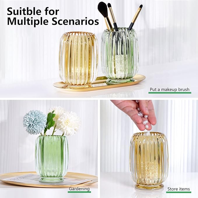 DASITON Makeup Brush holder Organizer,Crystal Cosmetic Makeup Brush Glass Brushes Storage Holder, Vintage Make Up Brush Cup striped vase(Green)-NeatNest