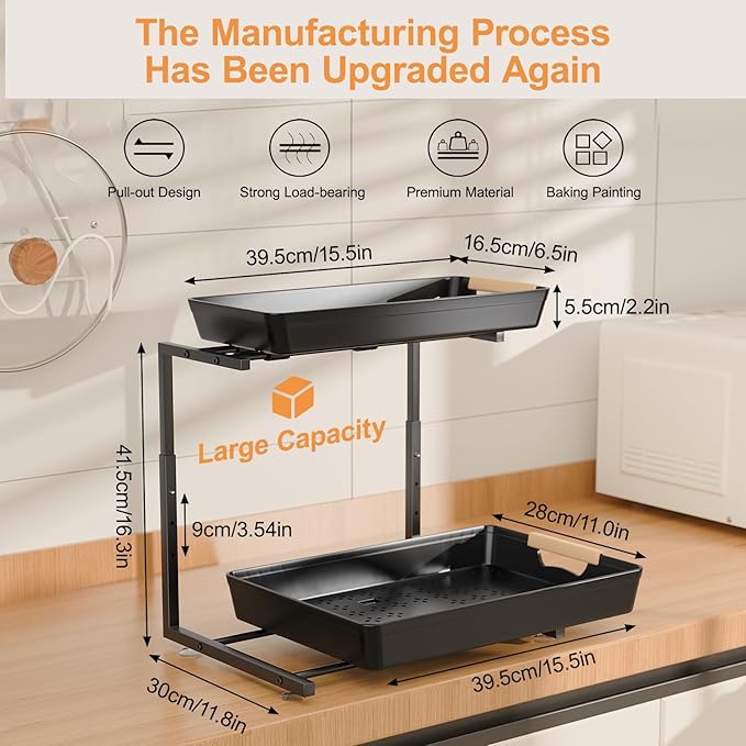 2 Pack Under Sink Organizer Pull 0ut, 3 Height Adjustable Under Kitchen Sink 0rganizer and Storage Black, 2 Tier Double Sliding Drawer Cabinet Organizer for Kitchen Bathroom Pantry-NeatNest
