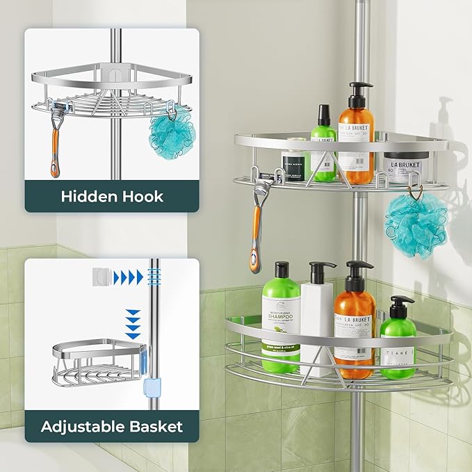Dicasser Corner Shower Caddy - Tension Pole Rod Organizer, Floor to Ceiling 20-113 inch, Adjustable Towel Rack Waterproof Rustproof, Stainless Steel