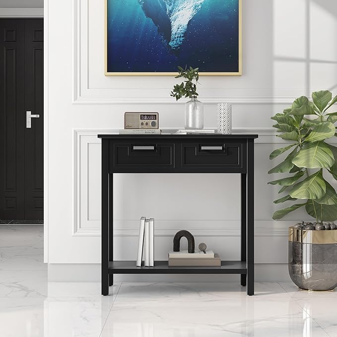 GOFLAME Small Console Table with 2 Drawers, 31” Entry Table with Storage Shelf, Modern, Narrow Sofa Table for Living Room, Hallway, Entrance (Black)-NeatNest