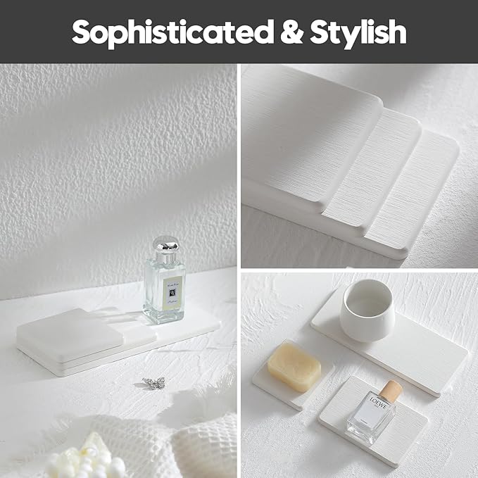 3PCS Bathroom Sink Vanity Trays, Quick Stone Drying Mat Dish Soap Dispenser Sponge Holder for Kitchen Counter, Diatomaceous Earth Water Absorbing Caddy Organizer, White-NeatNest