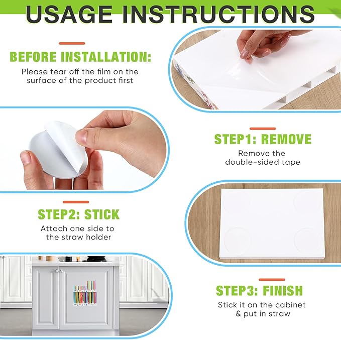 Acrylic Straw Holder for Cabinet Door with Double Sided Adhesive Tape Reusable Straw Organizer Tumbler Storage Kitchen Accessories Container for Counter Cupboard(Floral,Large,White)
