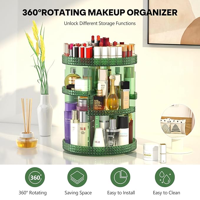 360 Degree Rotating Makeup Organizer for Vanity, Large Capacity Beauty Organizer, Adjustable DIY 7 Layers Perfume Organizer, Skincare Organizers Fits Cosmetics and Accessories(Emerald Green)-NeatNest