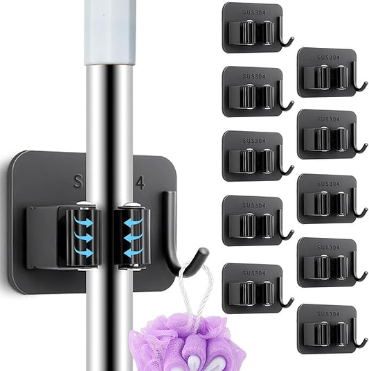10 Pack Heavy Duty Mop and Broom Holder Wall Mount, No Drill Self Adhesive Stainless Steel Hanger with Hooks, Anti-Slip Tool Organizer for Bathroom, Kitchen, Garage, Laundry Room (10, Black)