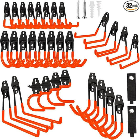 Garage Hook Heavy Duty Wall Storage Hangers, 32 Pack Garage Storage Hooks Steel Tool Orange for Ladders, Ropes, Garden Tools-NeatNest