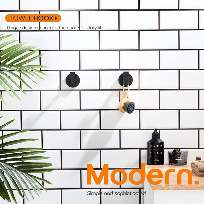 Robe Hook Matte Black Bath Towel Hooks Stainless Steel Wall Hooks for Bathroom Kitchen Closet Garage Door Hanger 2 Pack, AN1001MB-P2