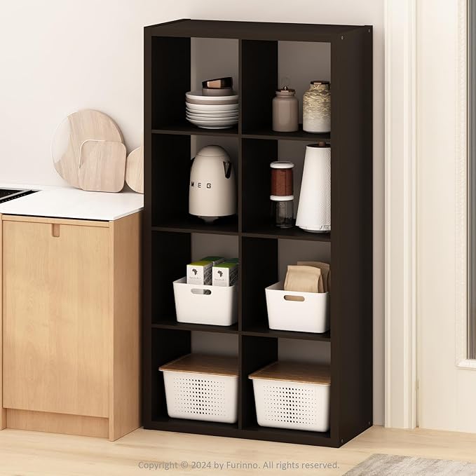 Furinno Hermite 8-Cube Open Shelves Kitchen Storage, Kitchen Island, Bakers Rack, Buffet Sideboard, Black Dark Oak-NeatNest