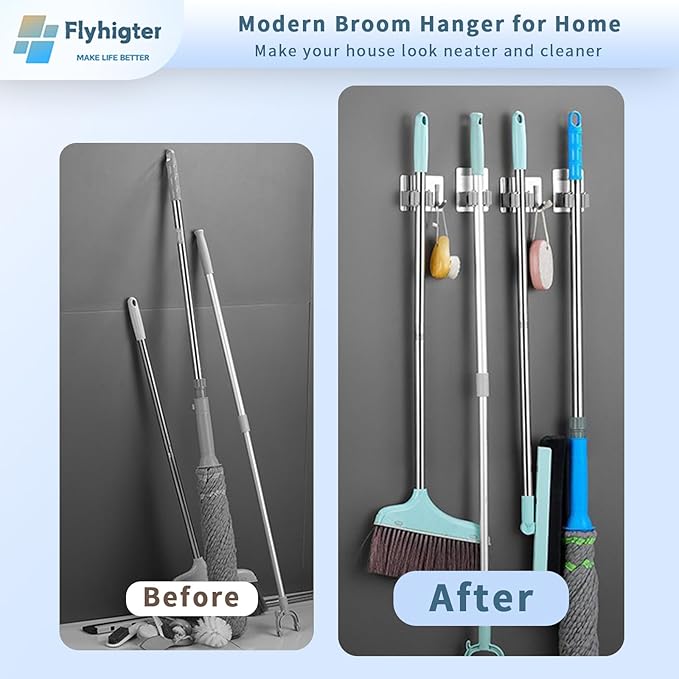 5 Pack Heavy Duty Mop and Broom Holder Wall Mount, No Drill Self Adhesive Stainless Steel Hanger with Hooks, Anti-Slip Tool Organizer for Bathroom, Kitchen, Garage, Laundry Room (5, Silver)
