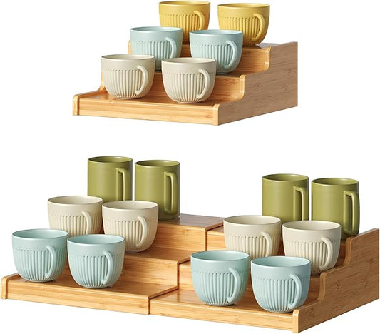 3-Tier Expandable Bamboo Mug Holder For Countertop Coffee Cup Holder Display Mug Organizer Mug Rack for Coffee Bar Organizer Mug Shelf for Cabinet for Kitchen, Home-NeatNest