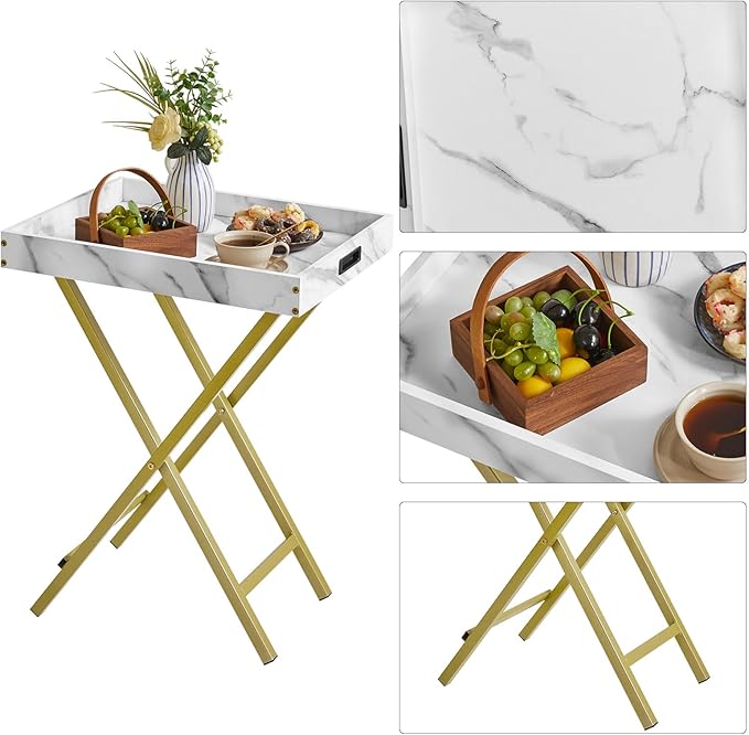 IBUYKE Foldable TV Tray Set of 2 TV,End Table with Removable Food Serving Tray,Portable Wooden Snack Table for Livingroom, Bedroom, Office, Camping, White with Gold UTVT001G-NeatNest