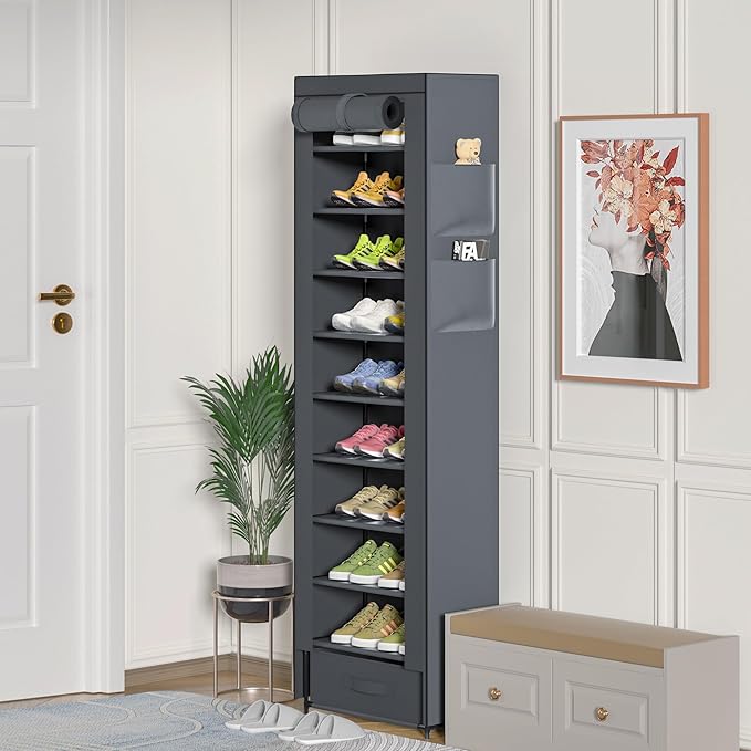 Shoes Rack 10 Tier Tall Narrow Shoe Rack with Bin Covered Shoe Shelf Storage Organizer Closet Stackable Shoe Stand-NeatNest