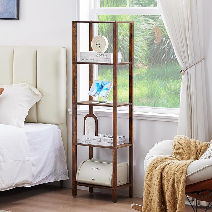 54in Tall Bookshelf 5-Tier Small Narrow Bookcase, Skinny Book Shelf for Small Space, Farmhouse Slim Shelf with Storage, Wood Freestanding Display Thin Bookshelves for Living Room, Office, Brown