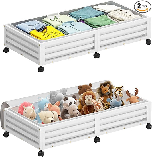 Bamboo Under Bed Storage Containers- Underbed Organizer with Wheels with Large Dust Bag,Sturdy Wood Rolling Under the Bed Shoe Storage Organizer Drawer 2 Packs (White, Long)-NeatNest