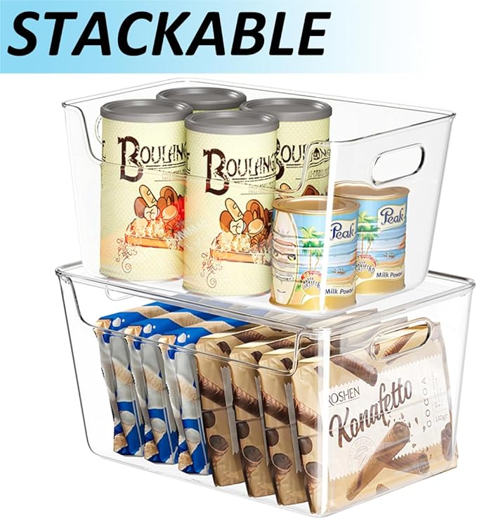 6 PCS Clear Plastic Storage Bins, 2-Sizes Stackable Storage Containers, Pantry Organizers and Storage with Handles, Perfect for Bathroom,Cabinet,Cupboard,Kitchen,Fridge,Closet Organization-NeatNest