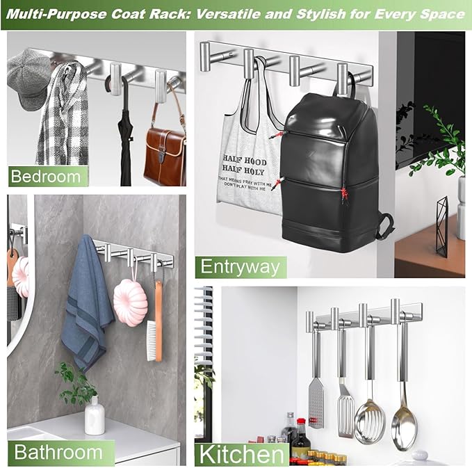 Wall Mounted Coat Rack-4 Hooks, Heavy Duty Stainless Steel Hook Rail for Towel Coat Hat Purse Bag Jacket, Towel Hooks for Entryway Bathroom Kitchen (Silvery 4 Hooks - 1 Pack)-NeatNest