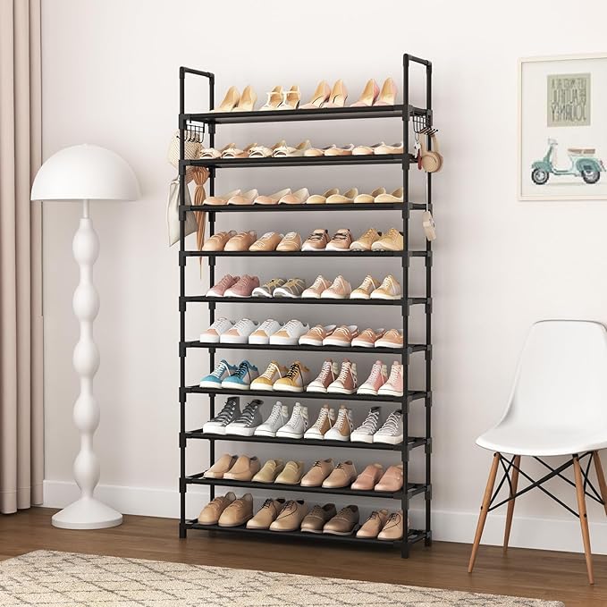 VTRIN 10-Tier Shoe Rack - Large Capacity 50 Pair Organizer with Two Hooks - Sturdy Metal Shoe Shelf for Entryway, Closet, Bedroom-NeatNest