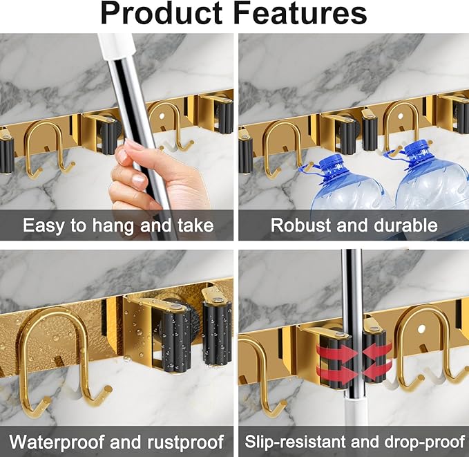 Mop Broom Holder Wall Mount, 2 Packs Gold Stainless Steel Tool Storage Organizer for Kitchen Garden Garage Laundry Room Bathroom and RV with 4 Slots 6 Hooks-NeatNest