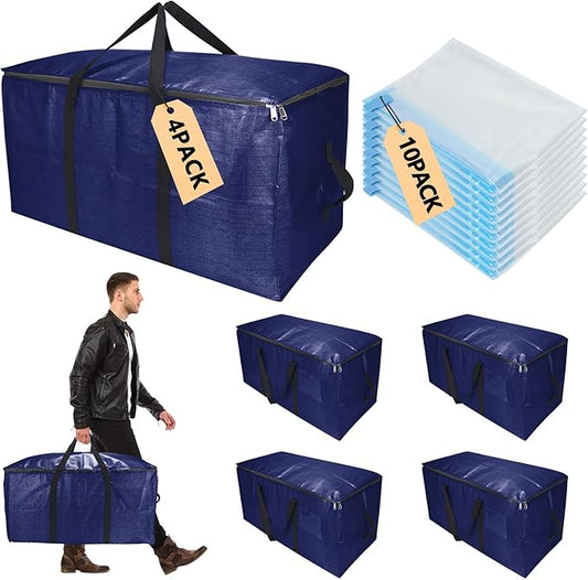 Extra Large Storage Bags Set Heavy Duty Moving Totes Strong Handles & Zippers, Waterproof Dual-Way Carrying Design For Dorm Room Essentials, (Blue, 14 Park-4 Moving bag & 10 Vacuum Seal Bags)