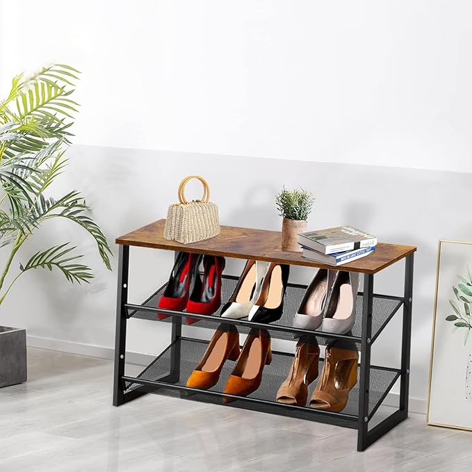 Garden 4 you 3-Tier Tilting Adjustable Freestanding Shoe Rack 6-Pairs 25.2 in Length for Durability and Stability for Entryways, Hallways, Closets, Dormitory Rooms, and Industries，Brown-NeatNest