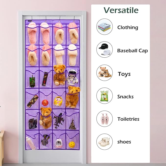 Modern Over the Door Shoe Rack Organizer with 24 Clear PVC Pockets, Purple-NeatNest