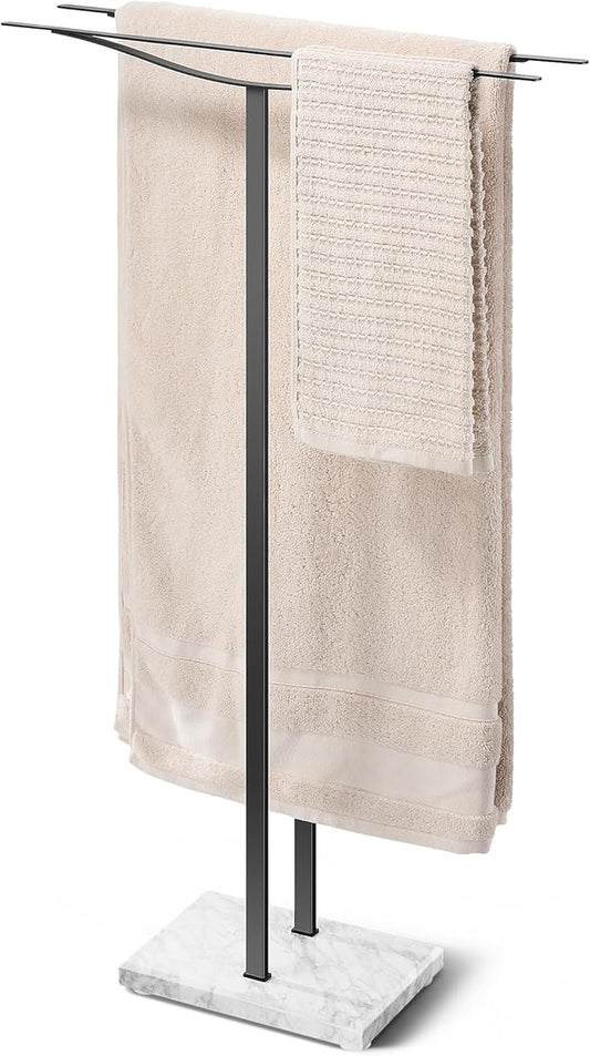 Bathroom Towel Rack Freestanding Floor Stand: Black 36in 2‑Bar Weighted Marble Base Towel Holder, Rustproof 304 Stainless Steel Drying Rack for Bath&Hand Towels, No‑Drill Slim Organizer, Spa Pool