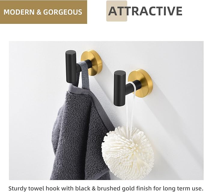 Angle Simple Black & Gold Towel Hook 2 PCS, Stainless Steel Bathroom Robe Holder, Round Coat Hand Towel Hanger, Wall Mounted