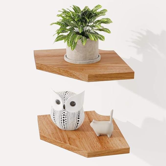 Fun Memories Corner Shelf Wall Mount Set of 2 - Solid Oak Wood Floating Corner Shelf with Cable Hole, 7in Rustic Design for Bedroom, Living Room, Kitchen (Natural)-NeatNest